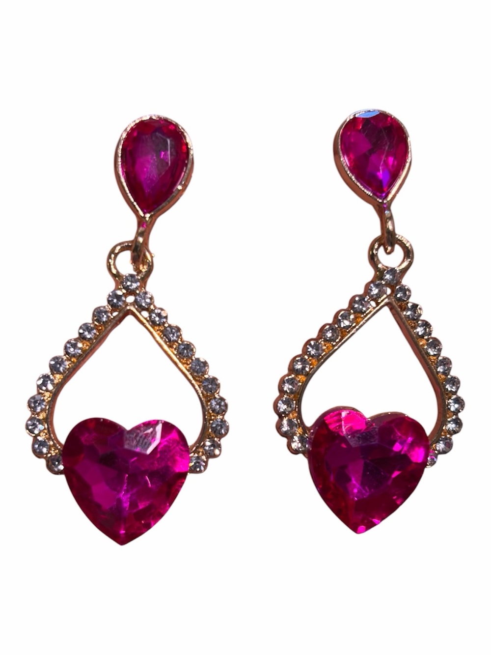 Gold-Tone Pink Heart Drop Earrings with Crystal Accents